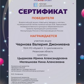 Сертификат победителя от Роскультпроекта